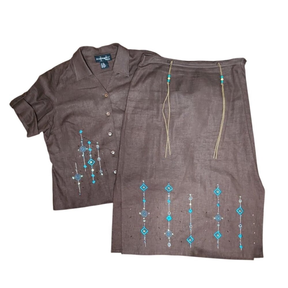 REQUIREMENTS Petite Solid All Brown Embroidered Beaded Skirt Set Womens PM‎